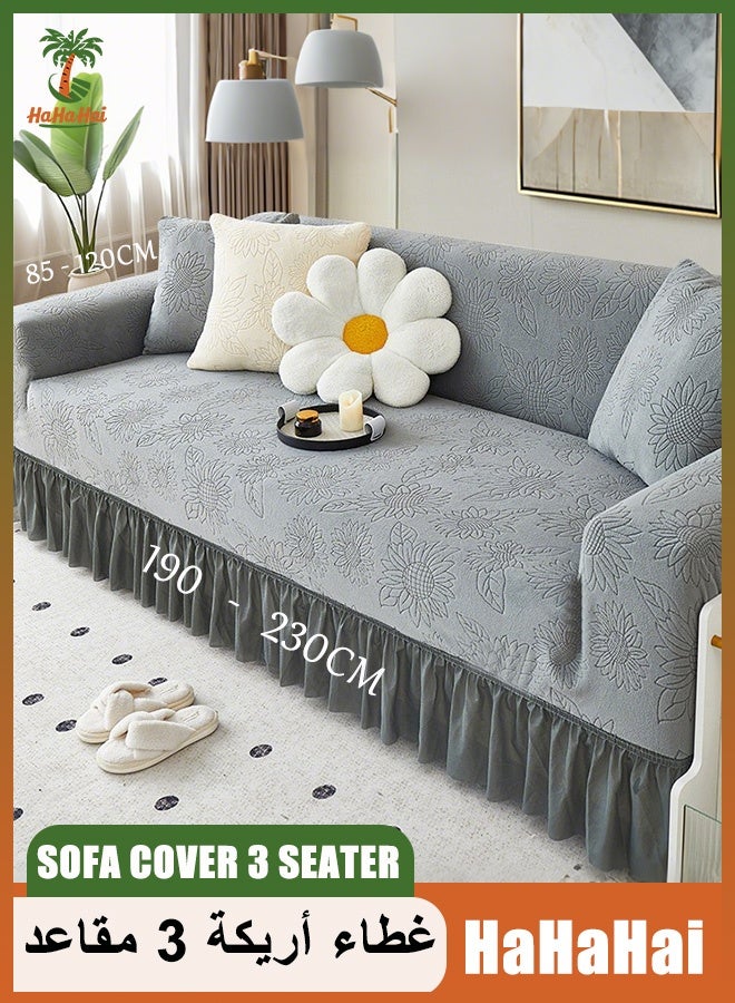HaHaHai Sofa Cover 3 Seater ,Sunflower pattern Universal Stretch Velvet Sofa Slipcover Full Cover for Sectional / L-Shape Sofa – Non-Slip, Dust-Proof, All-Season Elastic Sofa Protector with Decorative Skirt, Deep Gray 190-230cm - Image 1