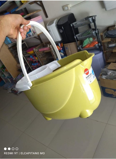 A mop bucket with wheels, its material is wonderful and its price is very attractive. It is available in yellow IR.