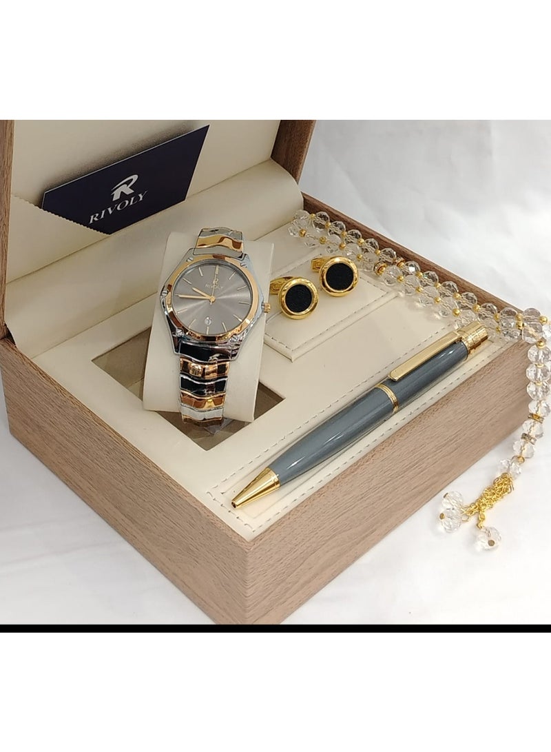 RR A wonderful stainless steel men's set consisting of a watch, a rosary, a pen and cufflinks half steel