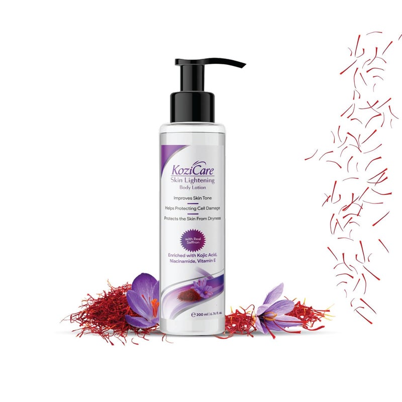 Kozicare Real Saffron LighteningBrightening Body Lotion with Real Saffron Kojic Acid Vitamin E Shea Butter Niacinamide Improve Skin Shade Helps Protecting Cell Damage 200ml Pack of 10 - Image 2