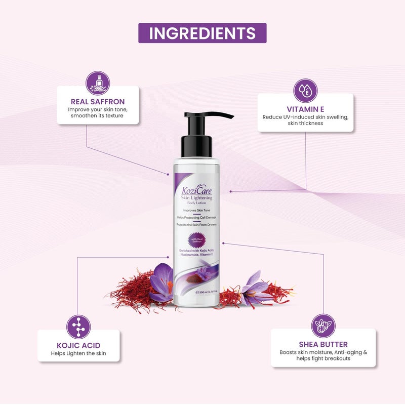 Kozicare Real Saffron LighteningBrightening Body Lotion with Real Saffron Kojic Acid Vitamin E Shea Butter Niacinamide Improve Skin Shade Helps Protecting Cell Damage 200ml Pack of 10 - Image 4