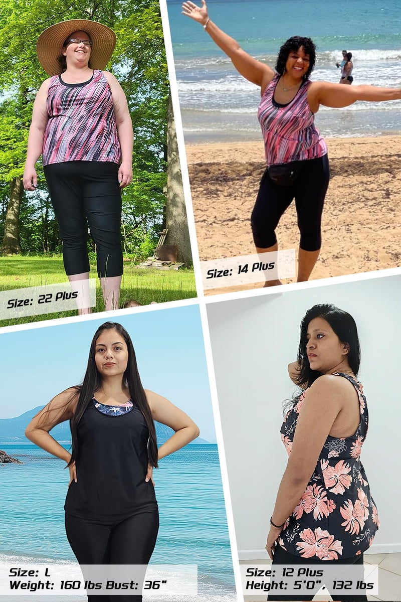 Yonique 3 Piece Plus Size Swimsuits for Women Tankini Tops with Sports Bra and Swim Capris Athletic Bathing Suit Red Floral Print 14 Plus - Image 5