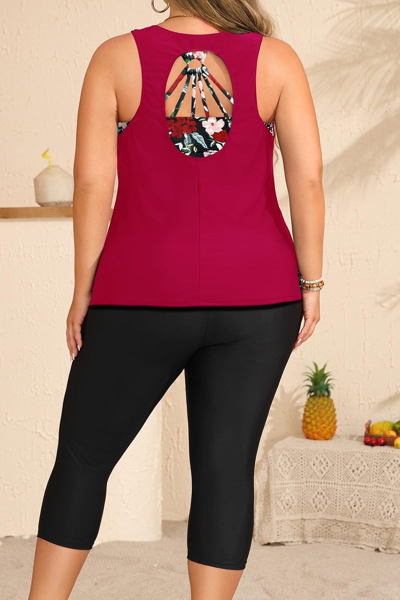 Yonique 3 Piece Plus Size Swimsuits for Women Tankini Tops with Sports Bra and Swim Capris Athletic Bathing Suit Red Floral Print 14 Plus - Image 2