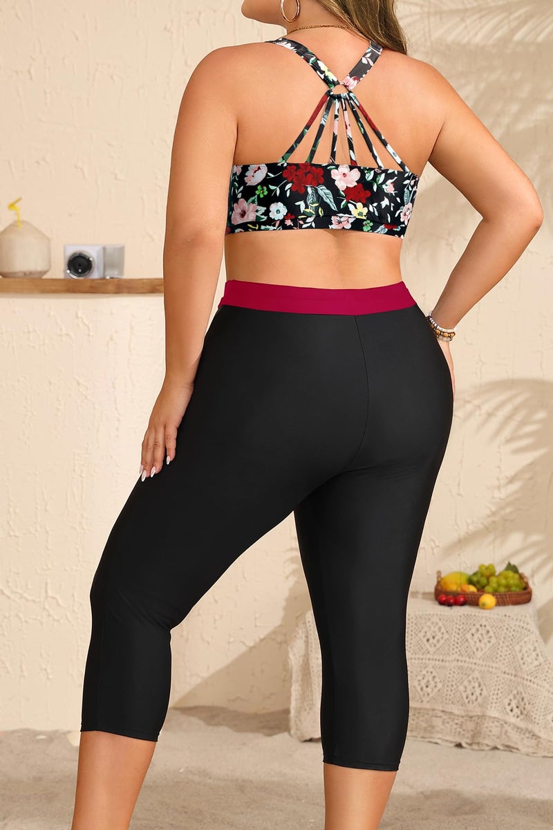 Yonique 3 Piece Plus Size Swimsuits for Women Tankini Tops with Sports Bra and Swim Capris Athletic Bathing Suit Red Floral Print 14 Plus - Image 3