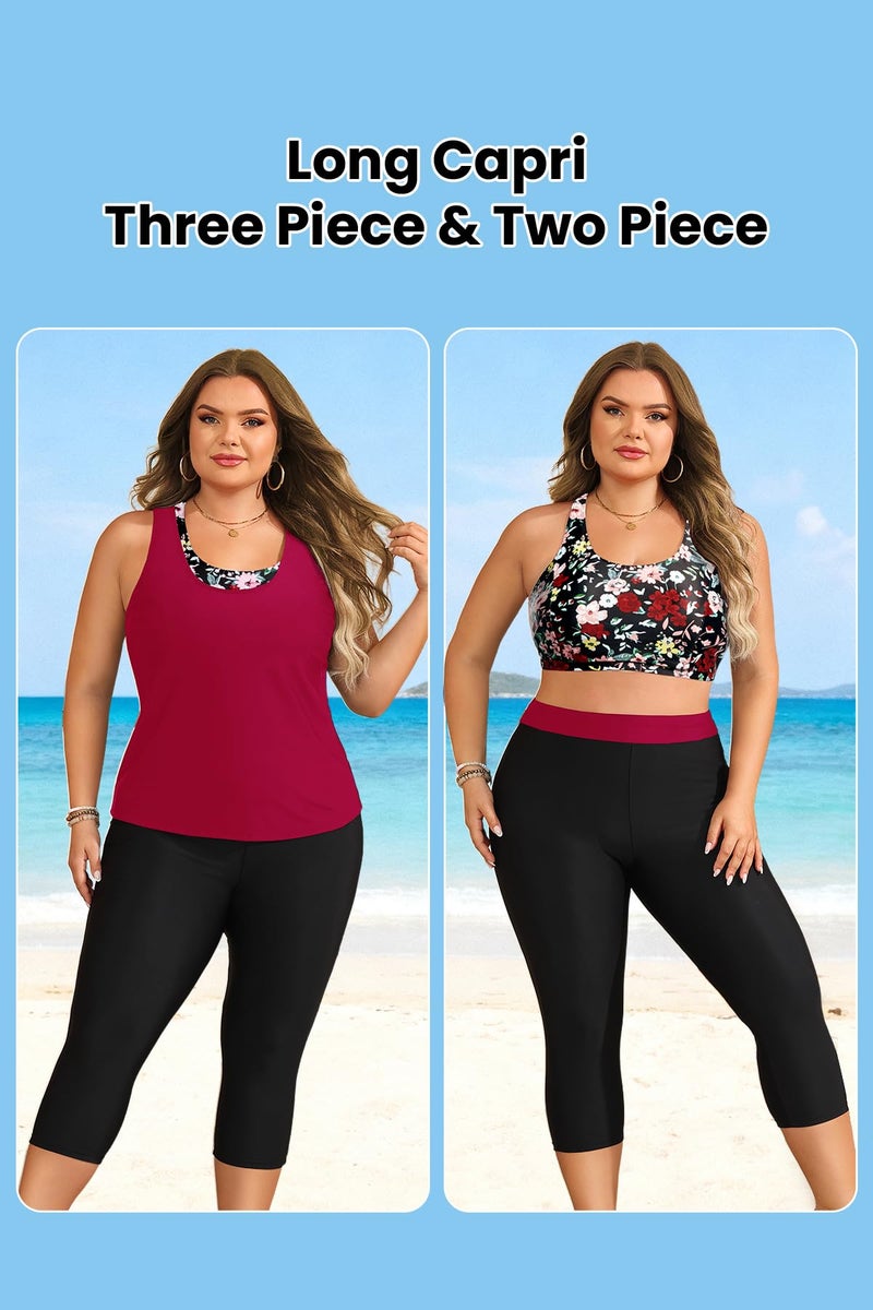 Yonique 3 Piece Plus Size Swimsuits for Women Tankini Tops with Sports Bra and Swim Capris Athletic Bathing Suit Red Floral Print 14 Plus - Image 4
