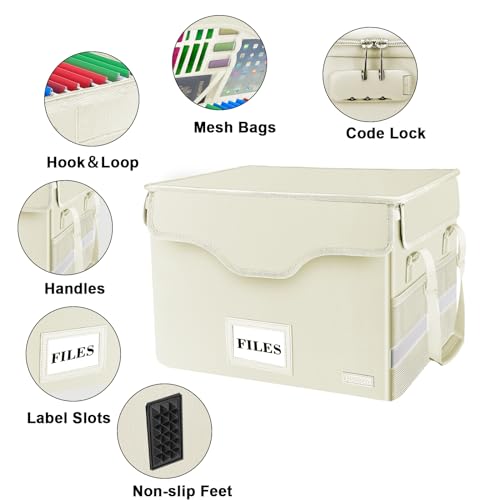 DocSafe Fireproof Document Box with Lock,File Storage Organizer with Zipper Pockets,Collapsible Portable File Box Home Office Safe Filing Cabinet with Handle for Hanging Letter/Legal Folders,Beige - Image 4