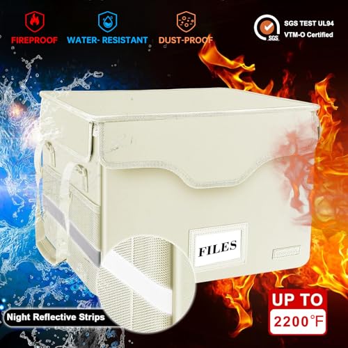 DocSafe Fireproof Document Box with Lock,File Storage Organizer with Zipper Pockets,Collapsible Portable File Box Home Office Safe Filing Cabinet with Handle for Hanging Letter/Legal Folders,Beige - Image 3