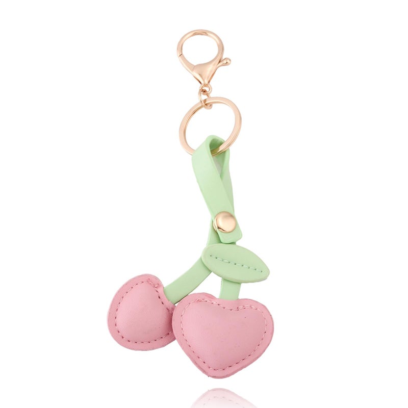 SORGERLY Pink Leather Cherry Bag Charm Keychain - Cute Purse Handbag Backpack Fruit Accessories - Beautiful Birthday Gift for Women (Pink leather cherry) - Image 1