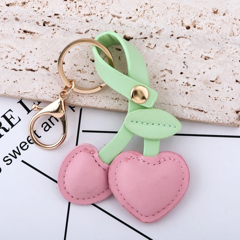 SORGERLY Pink Leather Cherry Bag Charm Keychain - Cute Purse Handbag Backpack Fruit Accessories - Beautiful Birthday Gift for Women (Pink leather cherry) - Image 2