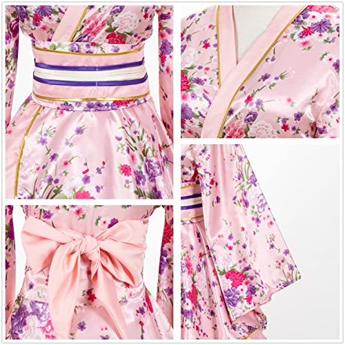 Elibelle Japanese Anime Women's Dance Kimono Robe Fancy Dress Yukata Silk Folding Fans Tabi Hairstick Socks Set Pink Small - Image 3