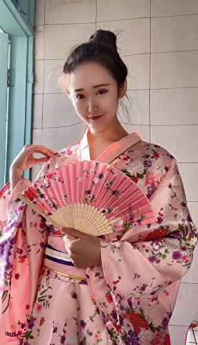 Elibelle Japanese Anime Women's Dance Kimono Robe Fancy Dress Yukata Silk Folding Fans Tabi Hairstick Socks Set Pink Small - Image 4