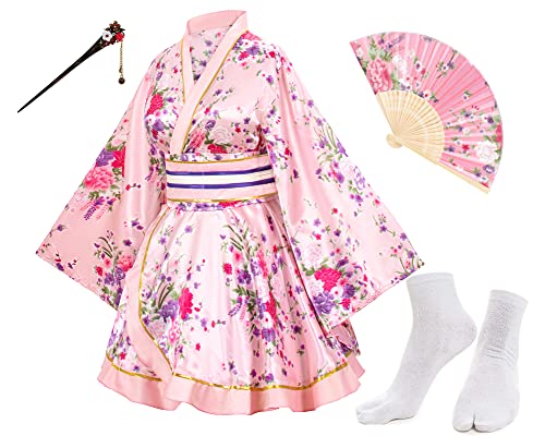 Elibelle Japanese Anime Women's Dance Kimono Robe Fancy Dress Yukata Silk Folding Fans Tabi Hairstick Socks Set Pink Small - Image 1