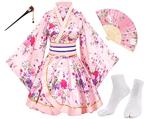 Elibelle Japanese Anime Women's Dance Kimono Robe Fancy Dress Yukata Silk Folding Fans Tabi Hairstick Socks Set Pink Small - Image 2