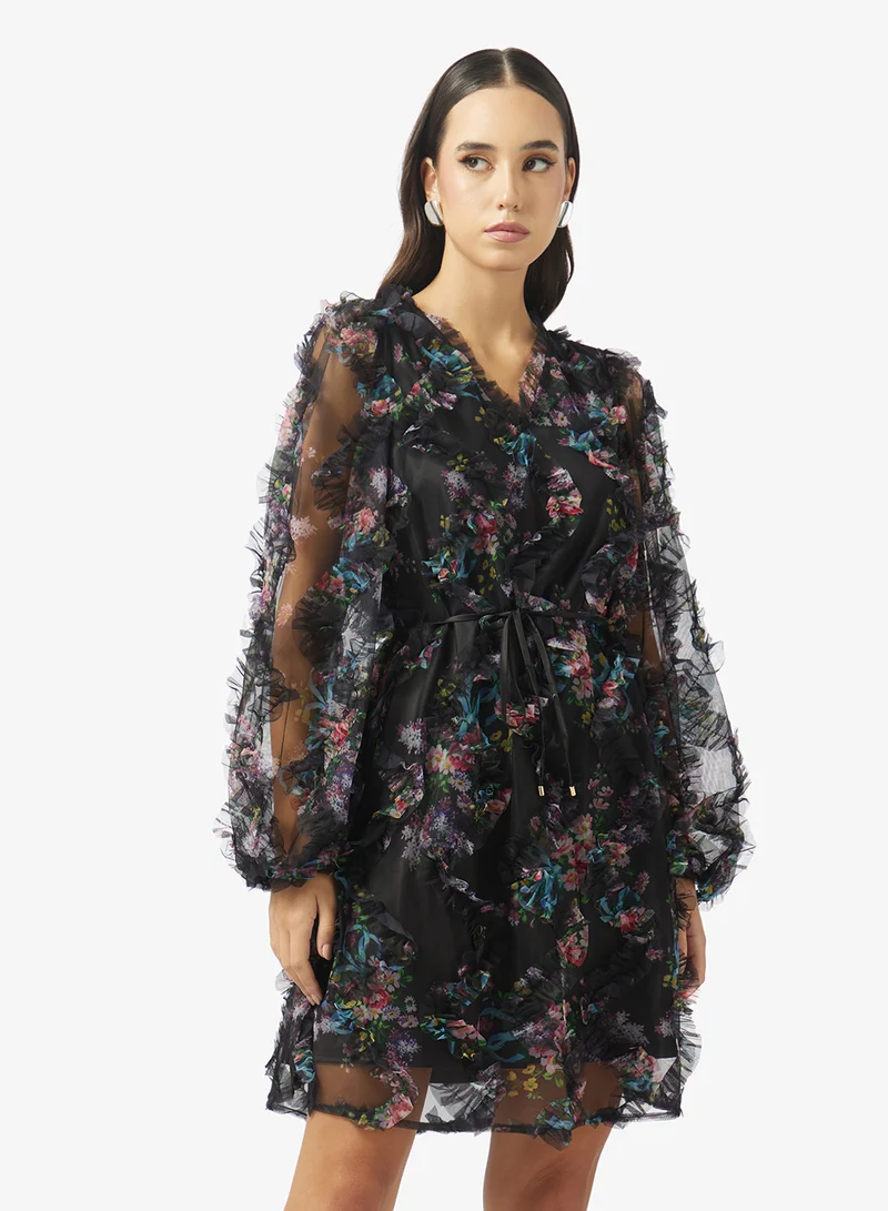 Mesh Detail V Neck Mini Dress