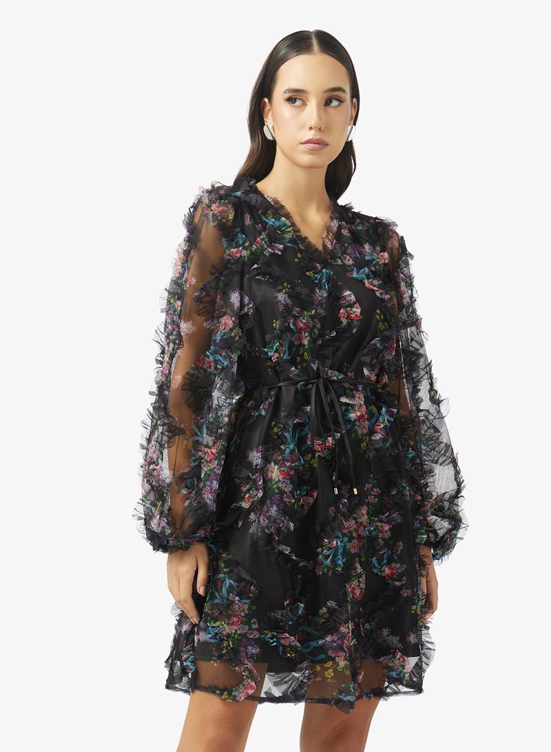 YAS Mesh Detail V Neck Mini Dress - Image 1