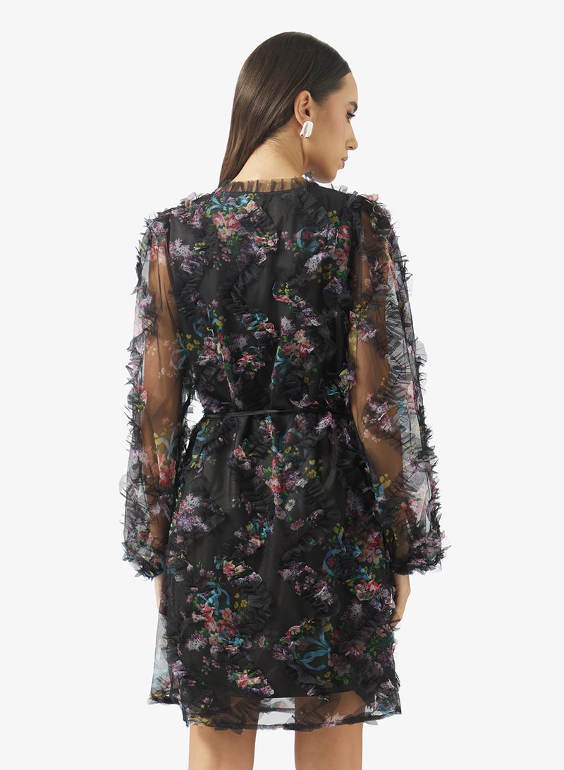 YAS Mesh Detail V Neck Mini Dress - Image 2