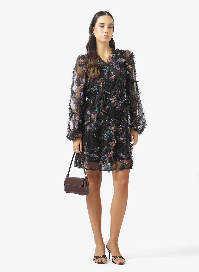 Yas  Mesh Detail V Neck Mini Dress for Women | Best Price UAE