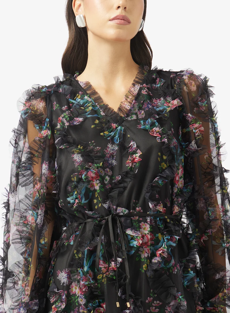 Yas  Mesh Detail V Neck Mini Dress for Women | Best Price UAE