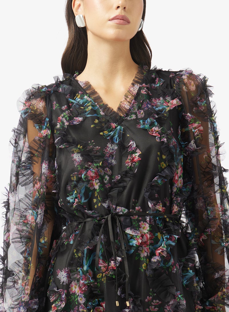 YAS Mesh Detail V Neck Mini Dress - Image 3