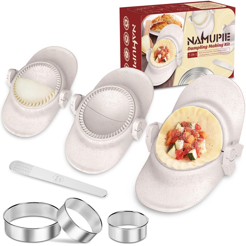 NAMUPIE 7 Piece Dumpling Maker Kit - All-in-One Empanada Maker Set with Press Molds & Ring Cutters, BPA-Free Kitchen Accessories for Home Cooking, Family/Friends Fun Gift (Beige) - Image 1