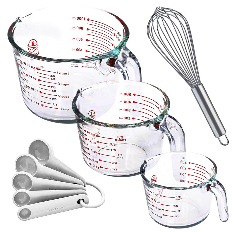 Le'raze Set of 3 Glass Measuring Cups with Measuring Spoons & Whisk - Kitchen Mixing Bowl Liquid Measure Cup, Glass Bakeware. 1 cup, 2 cup, 4 cup., Multi Size, Clear - Image 1
