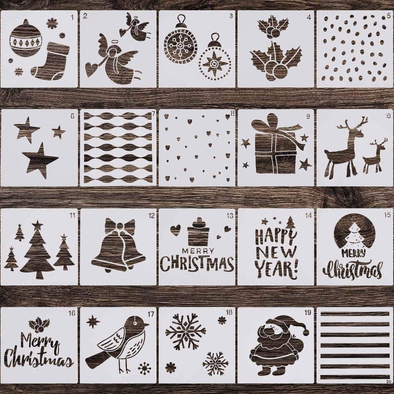 LOCOLO Reusable Christmas Painting Stencils, Plastic Stencils for Bullet Journal, Christmas Stencils for Painting on Wood, DIY Card Making (5×5″, 20Pcs, Pattern 1) - Image 1