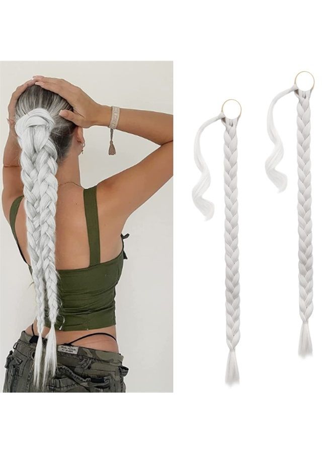 BARSDAR 2PCs 30 Inch Long Braided Ponytail Extension with Hair Tie Straight Wrap Around Hair Extensions Pony Tail DIY Natural Soft Synthetic Hair Piece for Women Girls-Ash White - Image 1