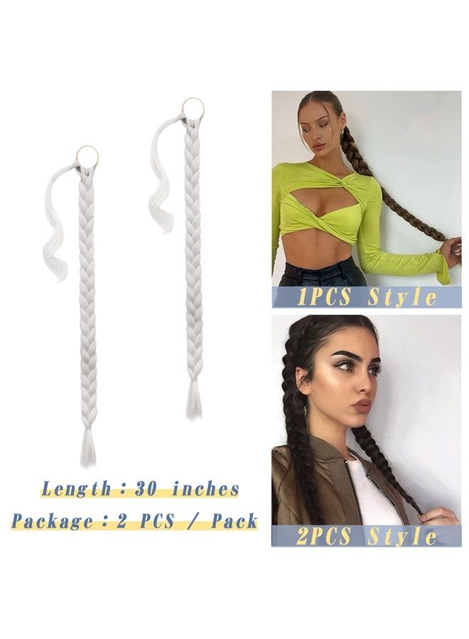 BARSDAR 2PCs 30 Inch Long Braided Ponytail Extension with Hair Tie Straight Wrap Around Hair Extensions Pony Tail DIY Natural Soft Synthetic Hair Piece for Women Girls-Ash White - Image 2