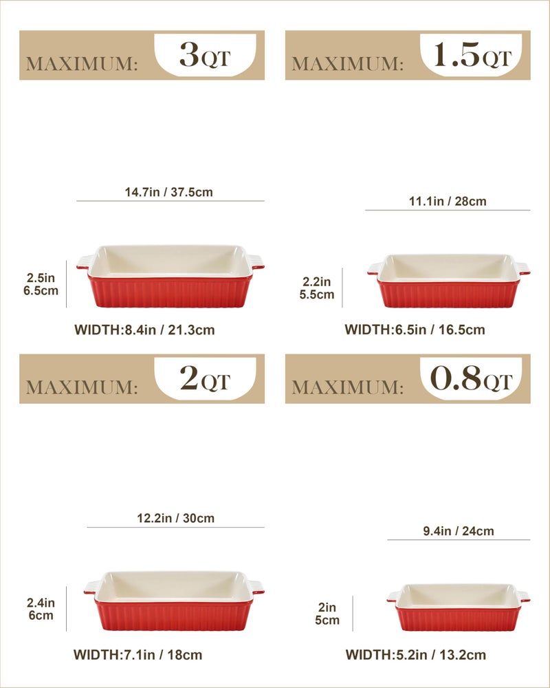 MALACASA Bakeware Set of 4, MALACASA Porcelain Baking Pans Set for Oven, Casserole Dish, Ceramic Rectangular Baking Dish Lasagna Pans for Cooking Cake Pie Dinner Kitchen, Red (9.5"/11.25"/12.75"/14.5") - Image 2