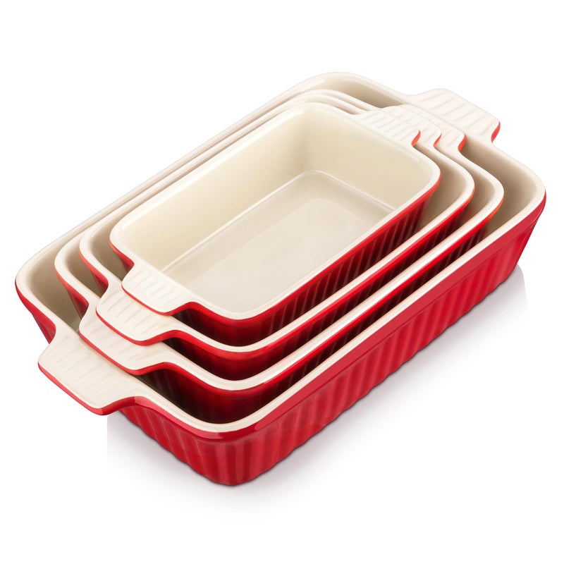 MALACASA Bakeware Set of 4, MALACASA Porcelain Baking Pans Set for Oven, Casserole Dish, Ceramic Rectangular Baking Dish Lasagna Pans for Cooking Cake Pie Dinner Kitchen, Red (9.5"/11.25"/12.75"/14.5") - Image 1