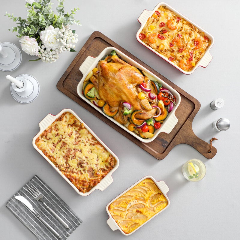 MALACASA Bakeware Set of 4, MALACASA Porcelain Baking Pans Set for Oven, Casserole Dish, Ceramic Rectangular Baking Dish Lasagna Pans for Cooking Cake Pie Dinner Kitchen, Red (9.5"/11.25"/12.75"/14.5") - Image 5