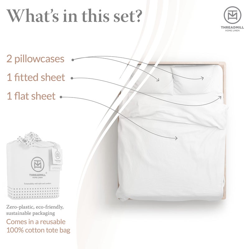 Threadmill مجموعة ملاءات سرير Threadmill 100% قطن مضاد للحساسية/قابل للتنفس/مقاوم للبقع 500 خيط 4 قطع (1 ملاءة مسطحة 1 ملاءة مطاطية 2 غطاء وسادة) مجموعة ملاءات بيضاء كوين - Image 3