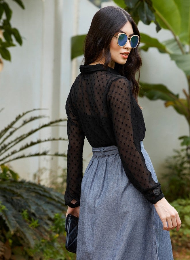 ساسافراس قميص نسائي قصير من دوبي شفاف أسود - Image 5