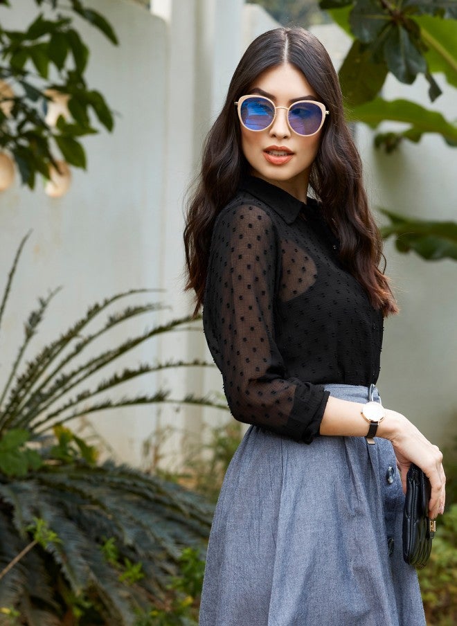 ساسافراس قميص نسائي قصير من دوبي شفاف أسود - Image 4