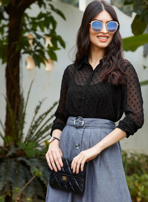 Black Dobby Sheer Boxy Shirt for Women