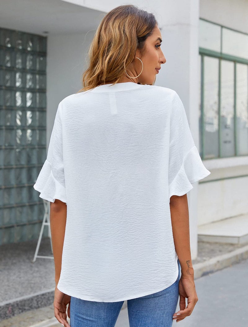 BMJL Womens White Blouses Chiffon Ruffle Short Sleeve V Neck Business Casual Tops Summer Cute Shirt White - Image 3
