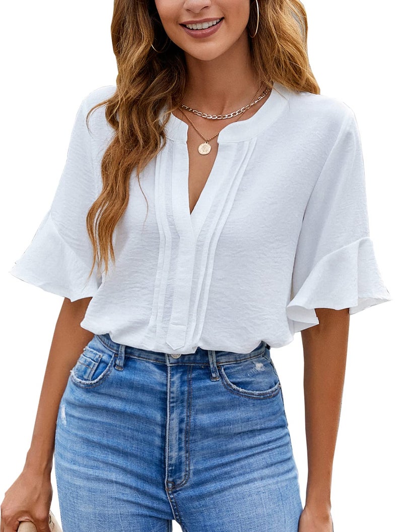 BMJL Womens White Blouses Chiffon Ruffle Short Sleeve V Neck Business Casual Tops Summer Cute Shirt White - Image 1