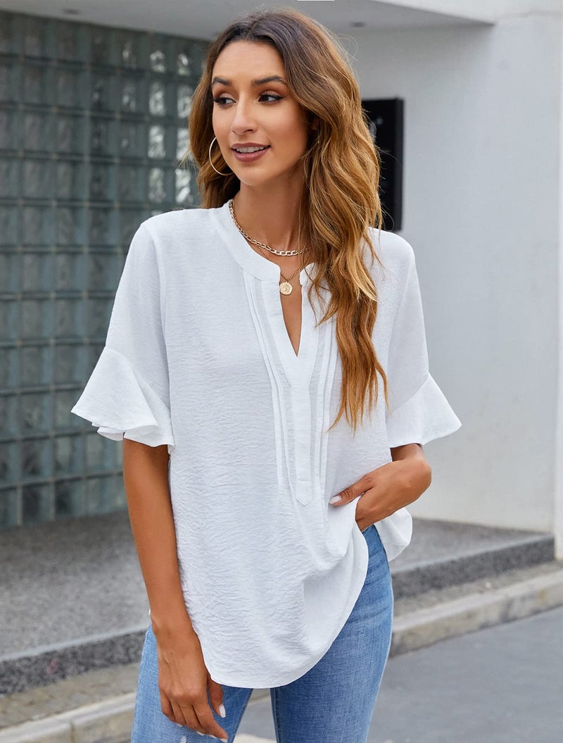 BMJL Womens White Blouses Chiffon Ruffle Short Sleeve V Neck Business Casual Tops Summer Cute Shirt White - Image 2