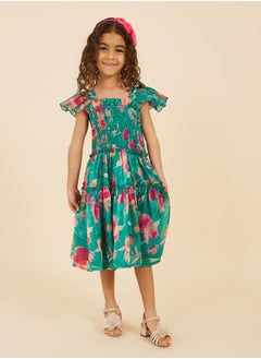 Styli Floral Printed Ruffled Sleeve Organza A-Line Dress  - Image 1