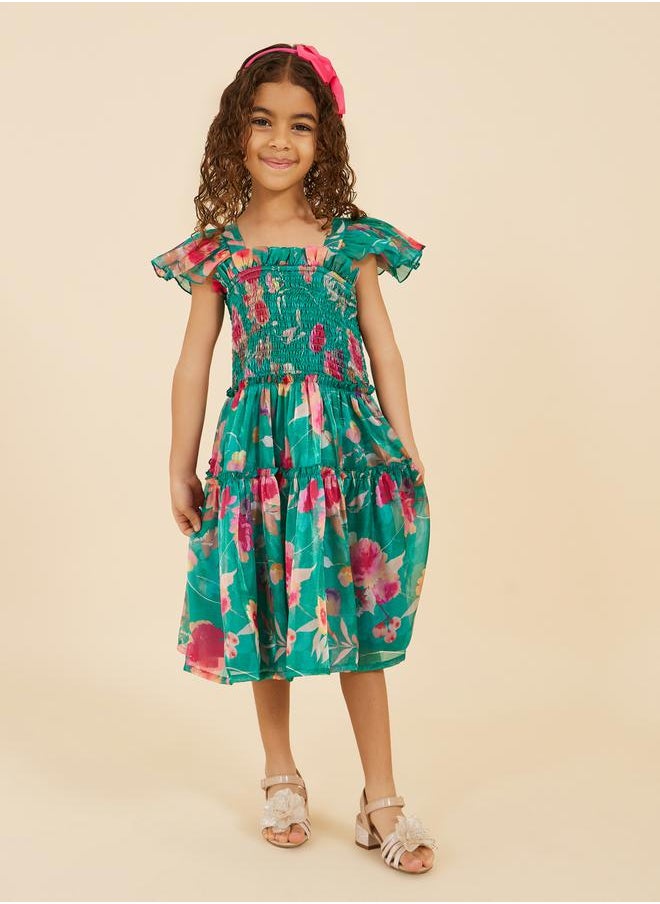 Styli Floral Printed Ruffled Sleeve Organza A-Line Dress  - Image 1