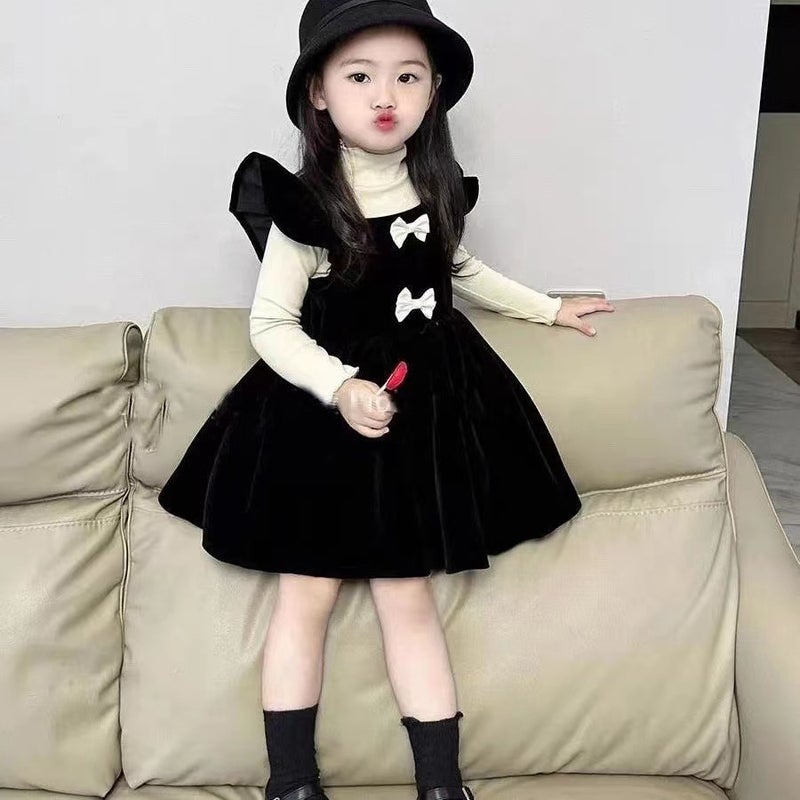 Plus thick velvet warm bottoming shirt + gold velvet small flying sleeves dress Korean style girls Western style fried street two-piece suit Black