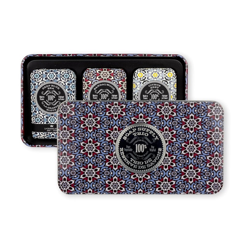 La Chatelaine Luxury Bar Soap Trio Gift Set Tin  Made in France  Natural and Organic  Shea Butter Formula  3 x 88 oz  250g  Red Mosaic Soap Trio Deep Blue Sea Sandalwood Citrus Zest
