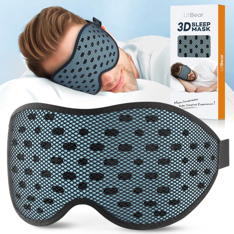 LitBear Breathable Sleep Mask 3D Eye Mak Sleep for Side Sleepers Women Men Light Blocking Sleeping Mask with Adjustable Strap Soft Lightweight Eye Cover for Travel Night Work Nap Ice Blue