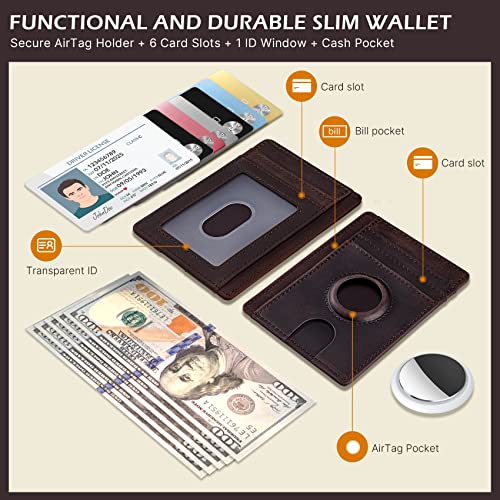 typecase Slim Minimalist Card Mens Wallet for AirTag, Front Pocket Premium Crazy Horse Leather Wallet with AirTag Holder, RFID Blocking Cash Credit Card Wallet Compatible with AirTag (Dark Brown) - Image 2
