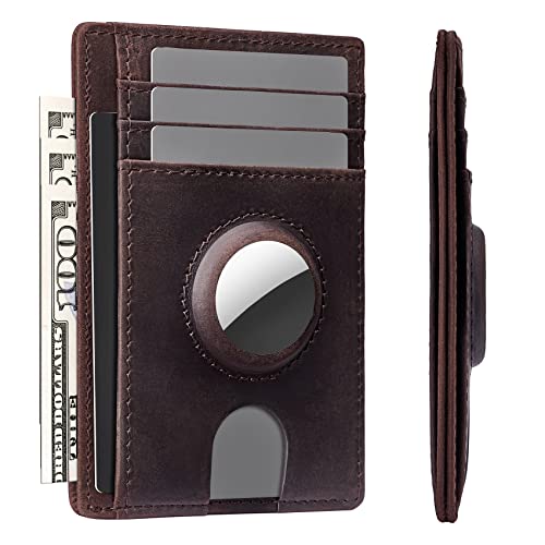 typecase Slim Minimalist Card Mens Wallet for AirTag, Front Pocket Premium Crazy Horse Leather Wallet with AirTag Holder, RFID Blocking Cash Credit Card Wallet Compatible with AirTag (Dark Brown) - Image 1