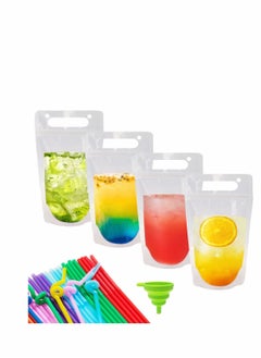 Drink Pouches for Adults, Reusable Juice Drinks with Straws Silicone Funnel, 50 Pcs Hand-held Bags Plastic Smoothie Cold Hot