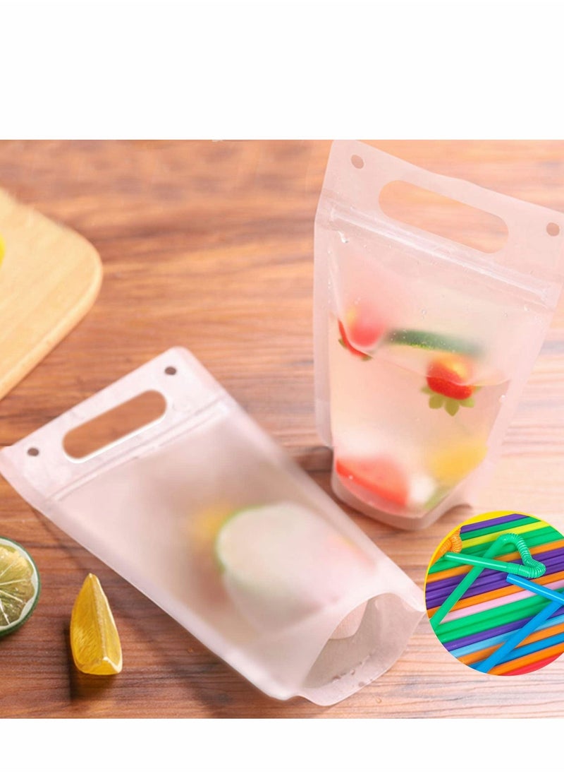 NIBEMINENT - Drink Pouches for Adults, Reusable Juice Drinks with Straws Silicone Funnel, 50 Pcs Hand-held Bags Plastic Smoothie Cold Hot - Image 1