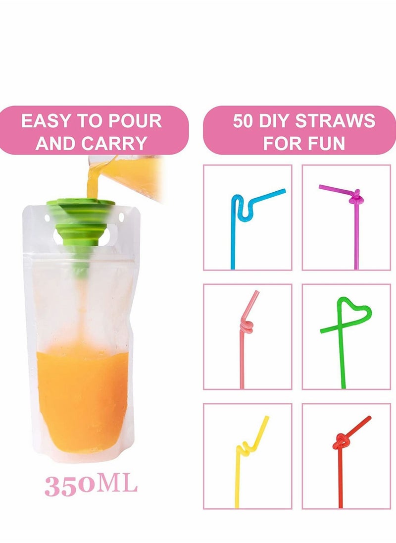NIBEMINENT - Drink Pouches for Adults, Reusable Juice Drinks with Straws Silicone Funnel, 50 Pcs Hand-held Bags Plastic Smoothie Cold Hot - Image 1