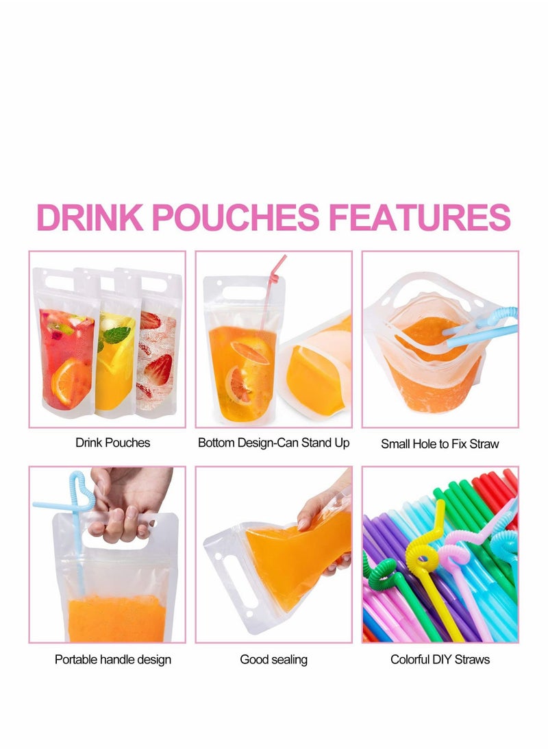 NIBEMINENT - Drink Pouches for Adults, Reusable Juice Drinks with Straws Silicone Funnel, 50 Pcs Hand-held Bags Plastic Smoothie Cold Hot - Image 1
