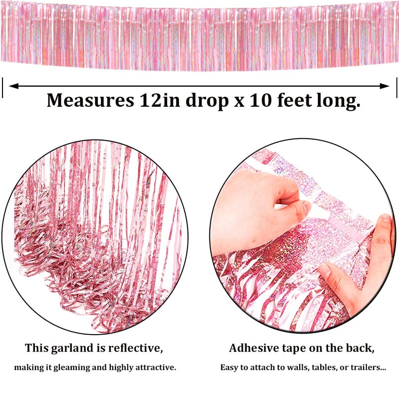 iiCheerful 4 Pack Iridescent Pink Total 40 Feet Foil Fringe Garland Metallic Tinsel Banner Wall Hanging Drapes Parade Float Skirting Decorations for Trailer Mardi Gras Party Birthday Wedding - Image 2